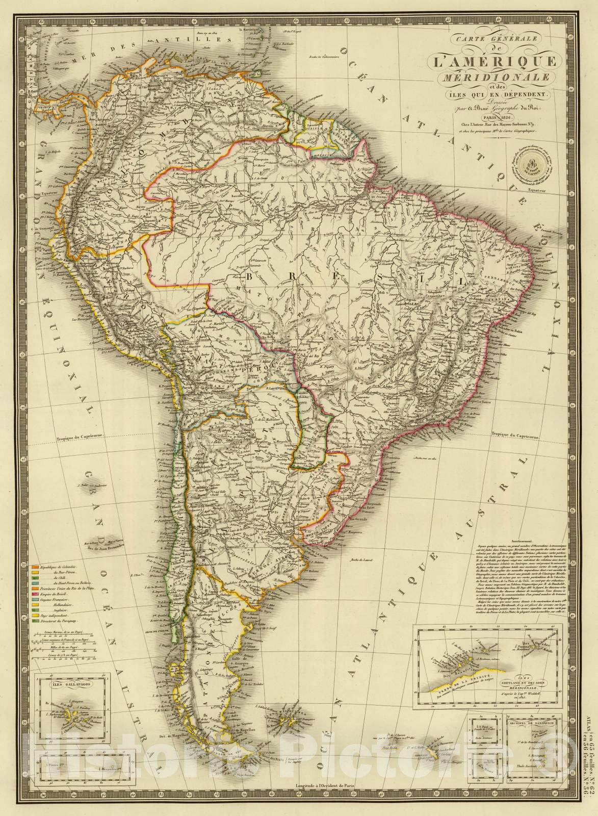 South America with Galapagos Islands and South Shetland Islands, 1826 - Historical Map Print