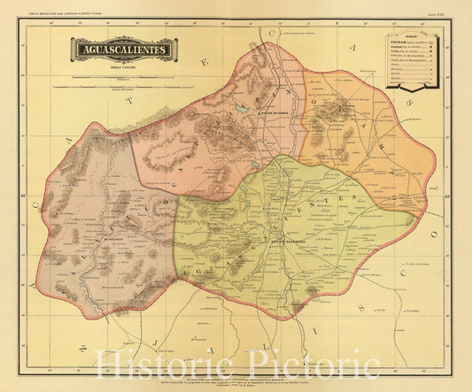 Aguascalientes, Mexico - Railroad Map, 1886 - Historical Map Print