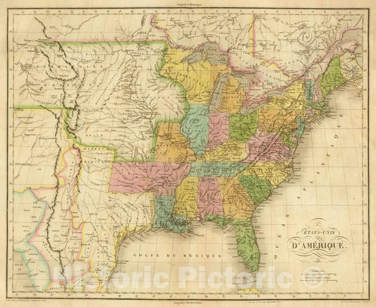 Historic Map : Mexico; United States, 1825 Etats-UNIS d'Amerique. , Vintage Wall Art
