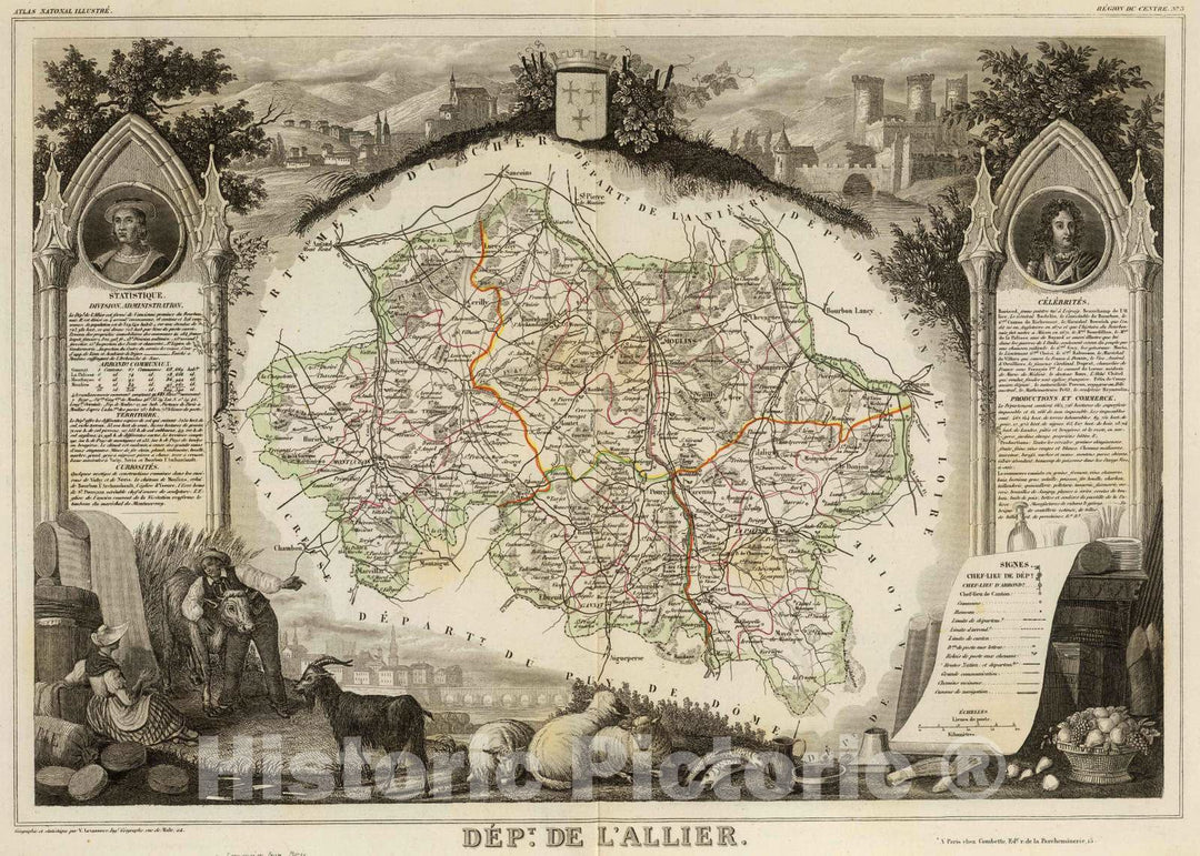 Historic Map : France, 1856 Dept. De L'Allier. , Vintage Wall Art