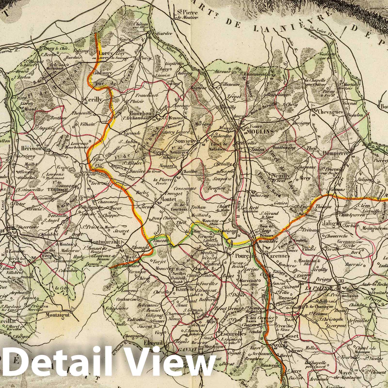 Allier, France - Road Map, 1856 - Historical Map Print
