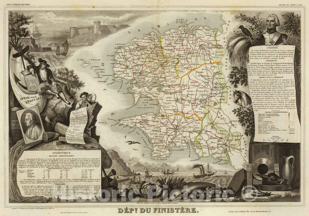Historic Map : France, 1856 Dept. Du Finistere. , Vintage Wall Art