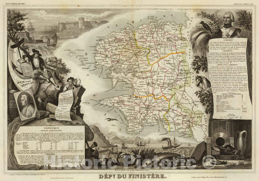 Historic Map : France, 1856 Dept. Du Finistere. , Vintage Wall Art