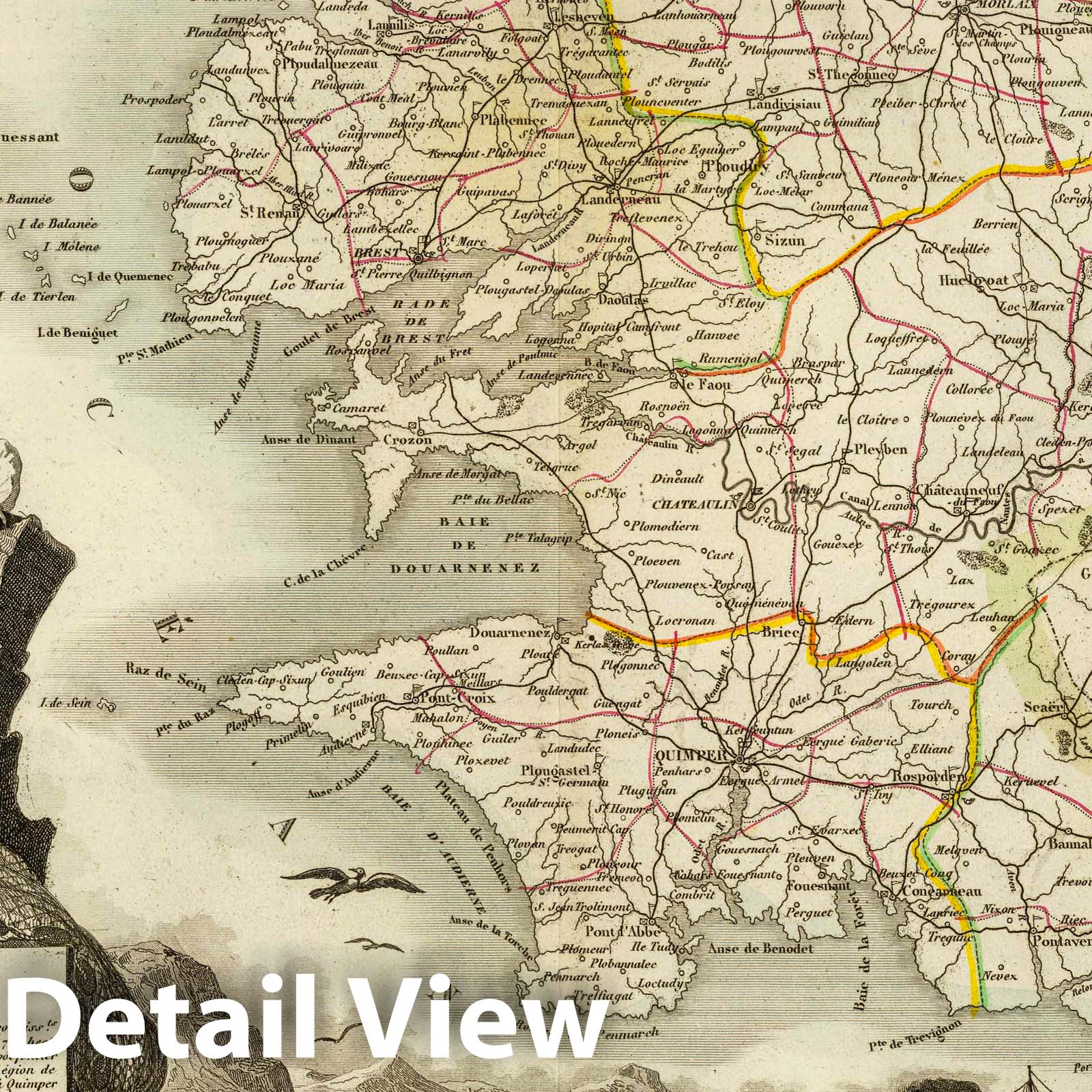 Finistere, France - Road Map, 1856 - Historical Map Print