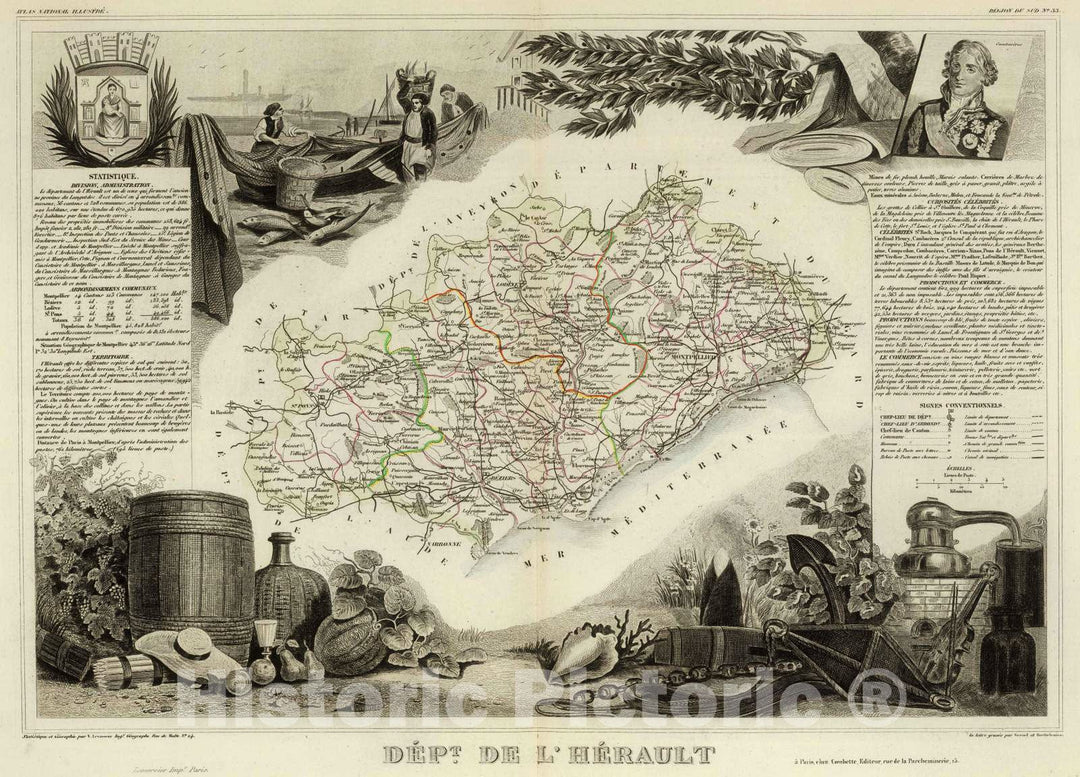 Historic Map : France, 1856 Dept. De L'Herault. , Vintage Wall Art