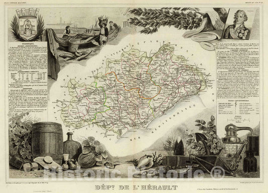 Historic Map : France, 1856 Dept. De L'Herault. , Vintage Wall Art