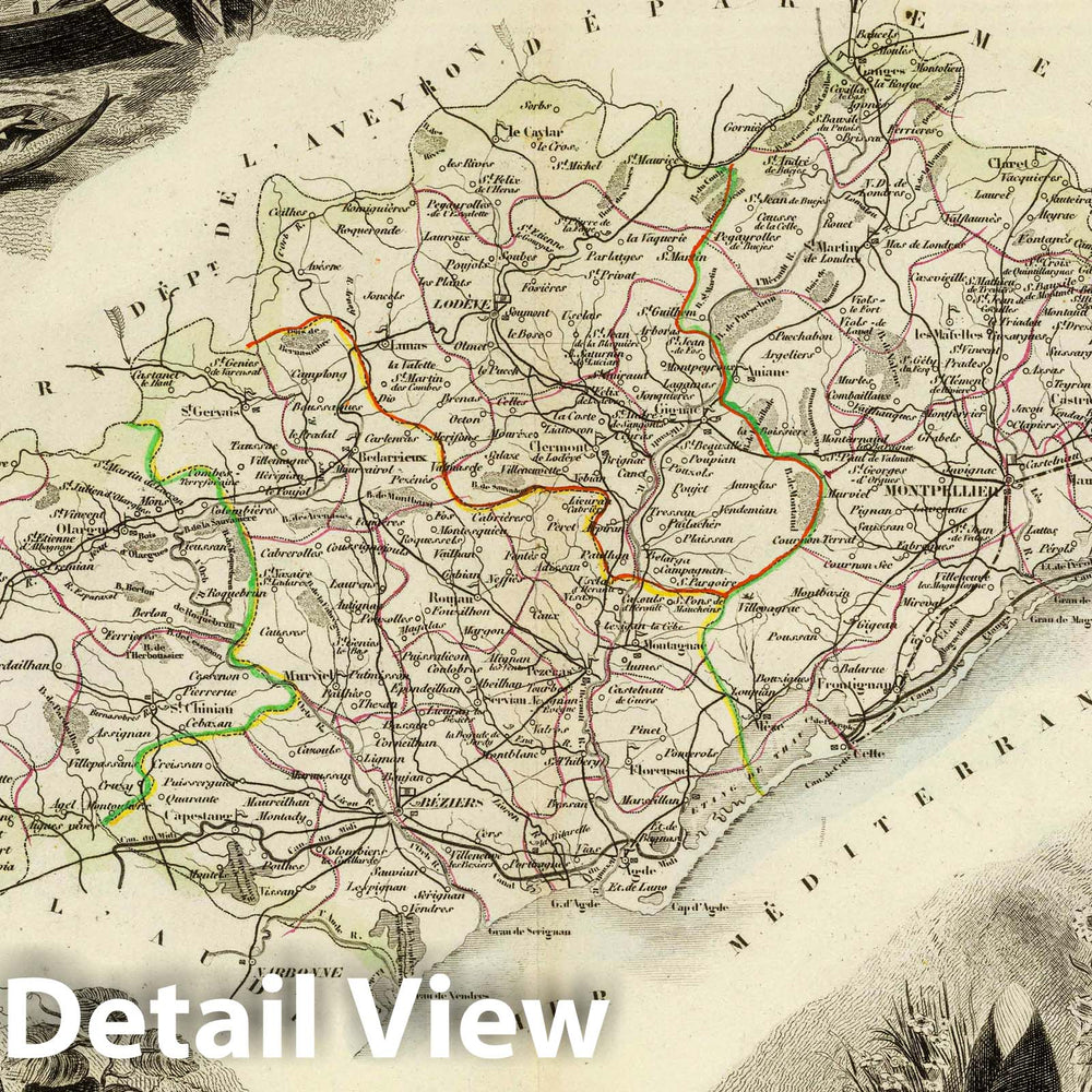Historic Map : France, 1856 Dept. De L'Herault. , Vintage Wall Art