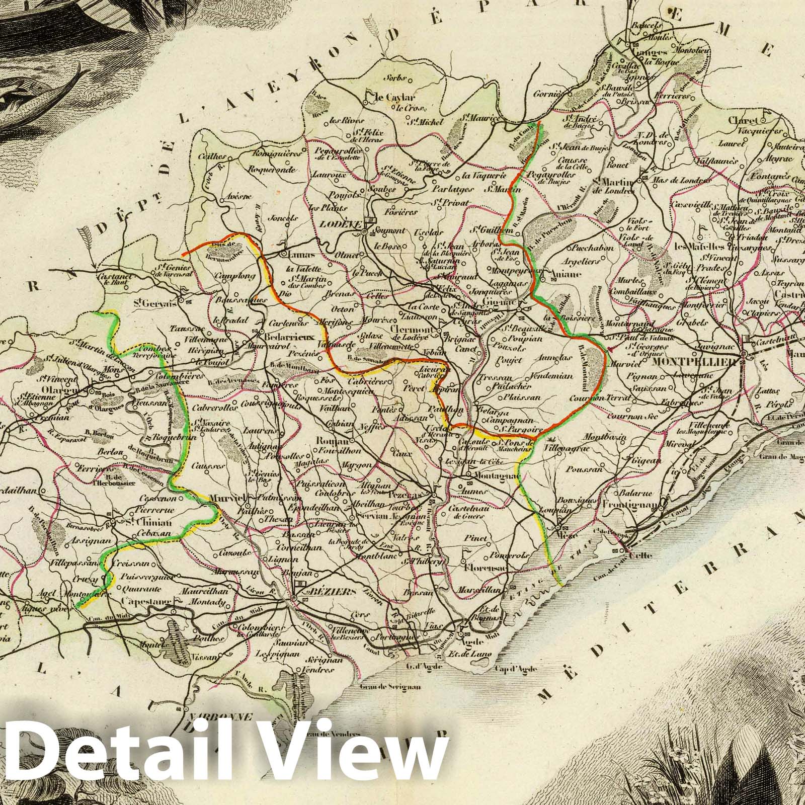 Herault, France - Road Map, 1856 - Historical Map Print