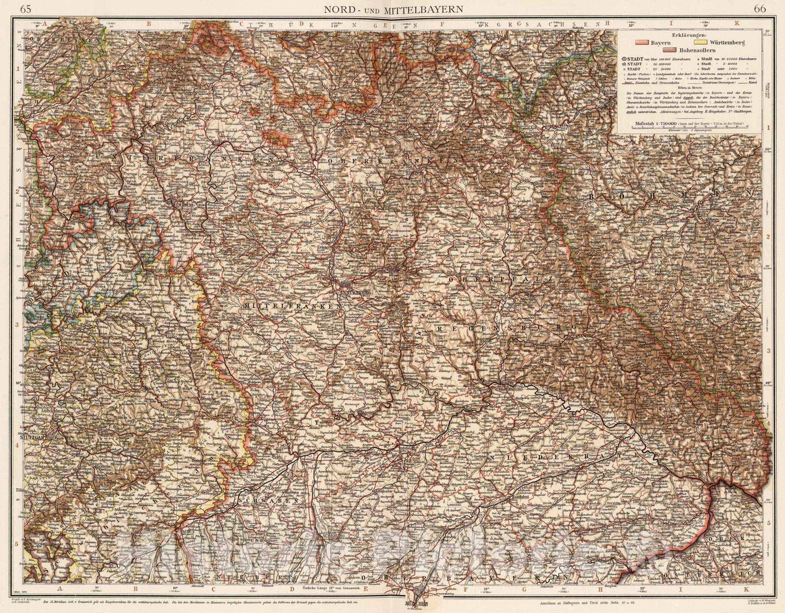 Historic Wall Map : Germany, 1905 Nord - und Mittelbayern , Vintage Wall Art