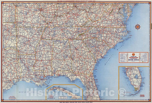 Historic Map : National Atlas - 1951 Shell Highway Map Southeastern Section of The United States. - Vintage Wall Art