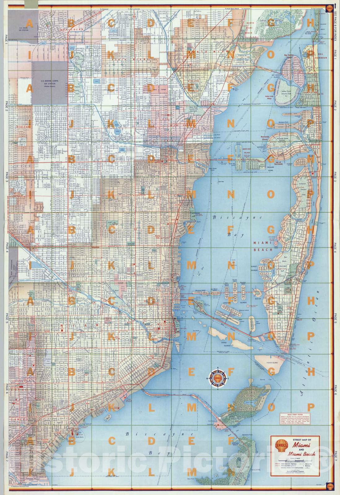 Miami and Miami Beach - Road Map, 1956 - Shell Street Guide Print