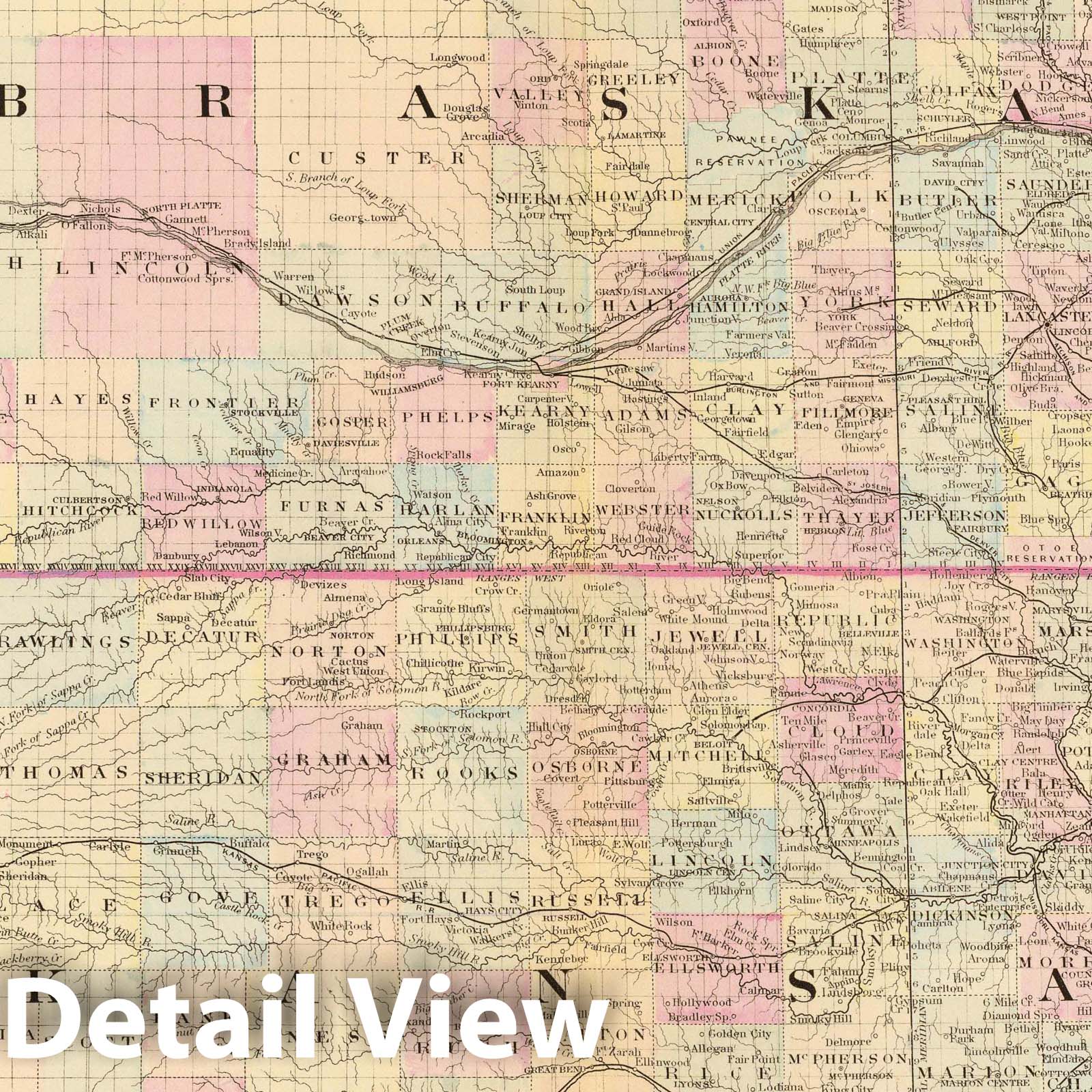 Kansas and Nebraska - County and Township Map, 1880 - Historical Map Print
