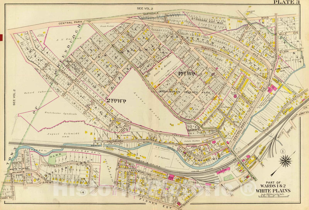 Historic Wall Map : 1910 White Plains wards 1-2. - Vintage Wall Art