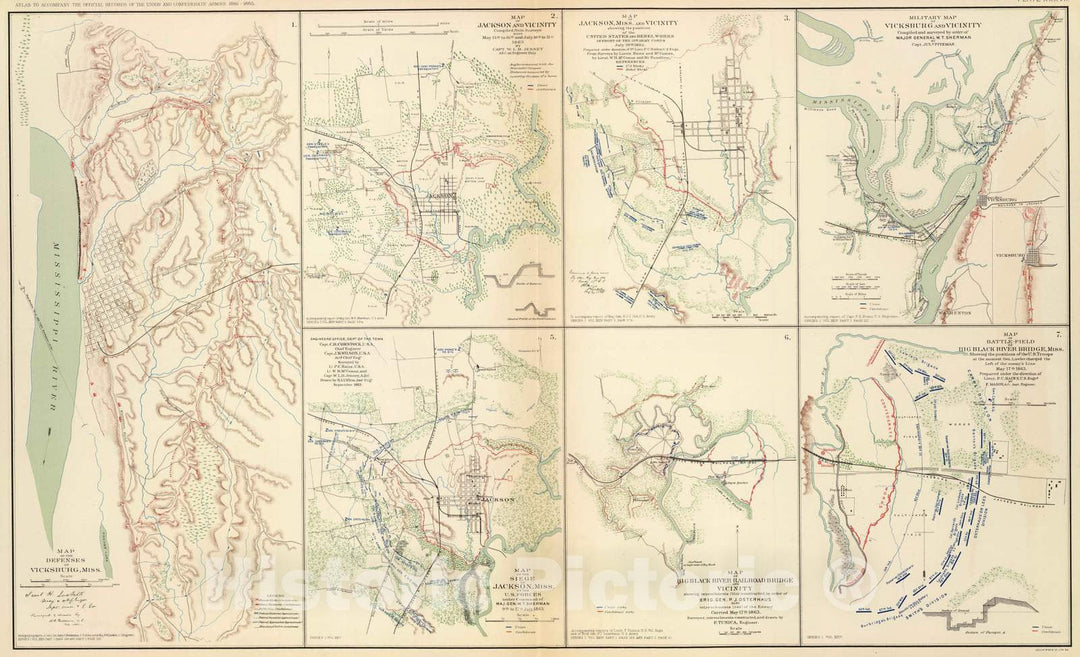 Historic Map : Military Atlas - 1895 Vicksburg, Jackson, Big Black River Bridge. - Vintage Wall Art