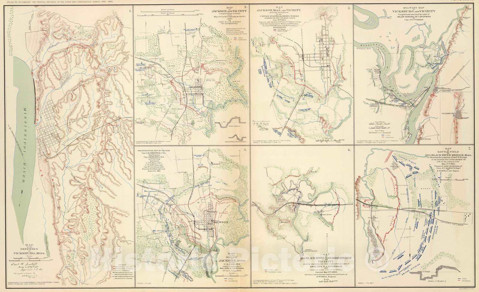 Historic Map : Military Atlas - 1895 Vicksburg, Jackson, Big Black River Bridge. - Vintage Wall Art