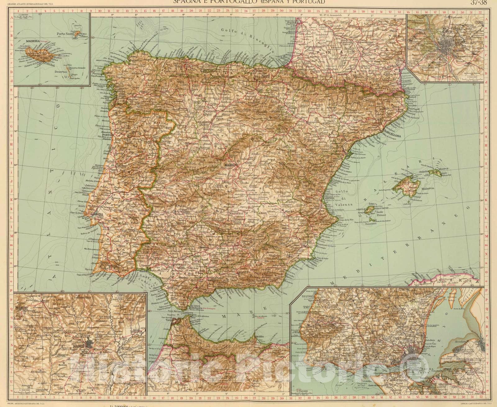 Historic Wall Map : Portugal; Spain, Madeira Islands 1929 37-38. Spagna, Portogallo. , Vintage Wall Art