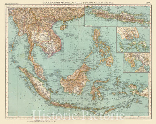Historic Map : Indonesia; Philippines, Southeast Asia 1929 95-96. Indocina, Siam, Arcipelago Malese. , Vintage Wall Art