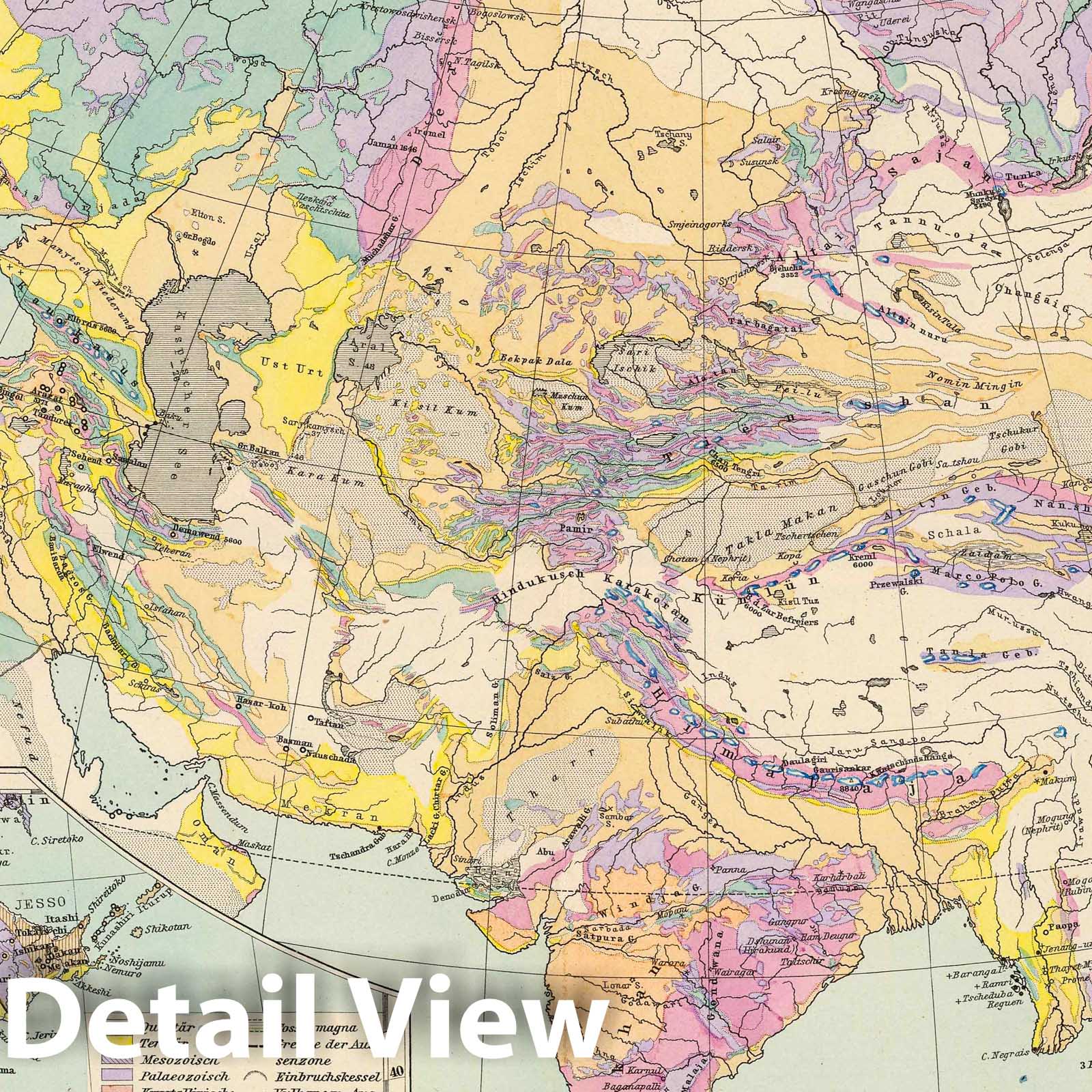 Asia and Europe - Geologic Map, 1892 - Historical Geological Atlas Print