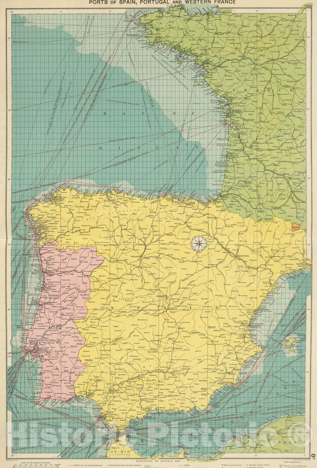 Historic Map : 1922 Spain, Portugal, W. France. - Vintage Wall Art