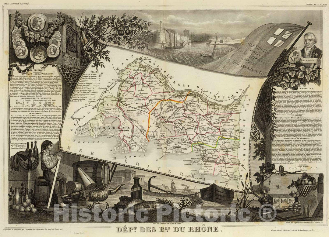 Historic Map : France, 1856 Dept. De BES. Du Rhone. , Vintage Wall Art