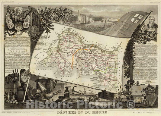 Historic Map : France, 1856 Dept. De BES. Du Rhone. , Vintage Wall Art