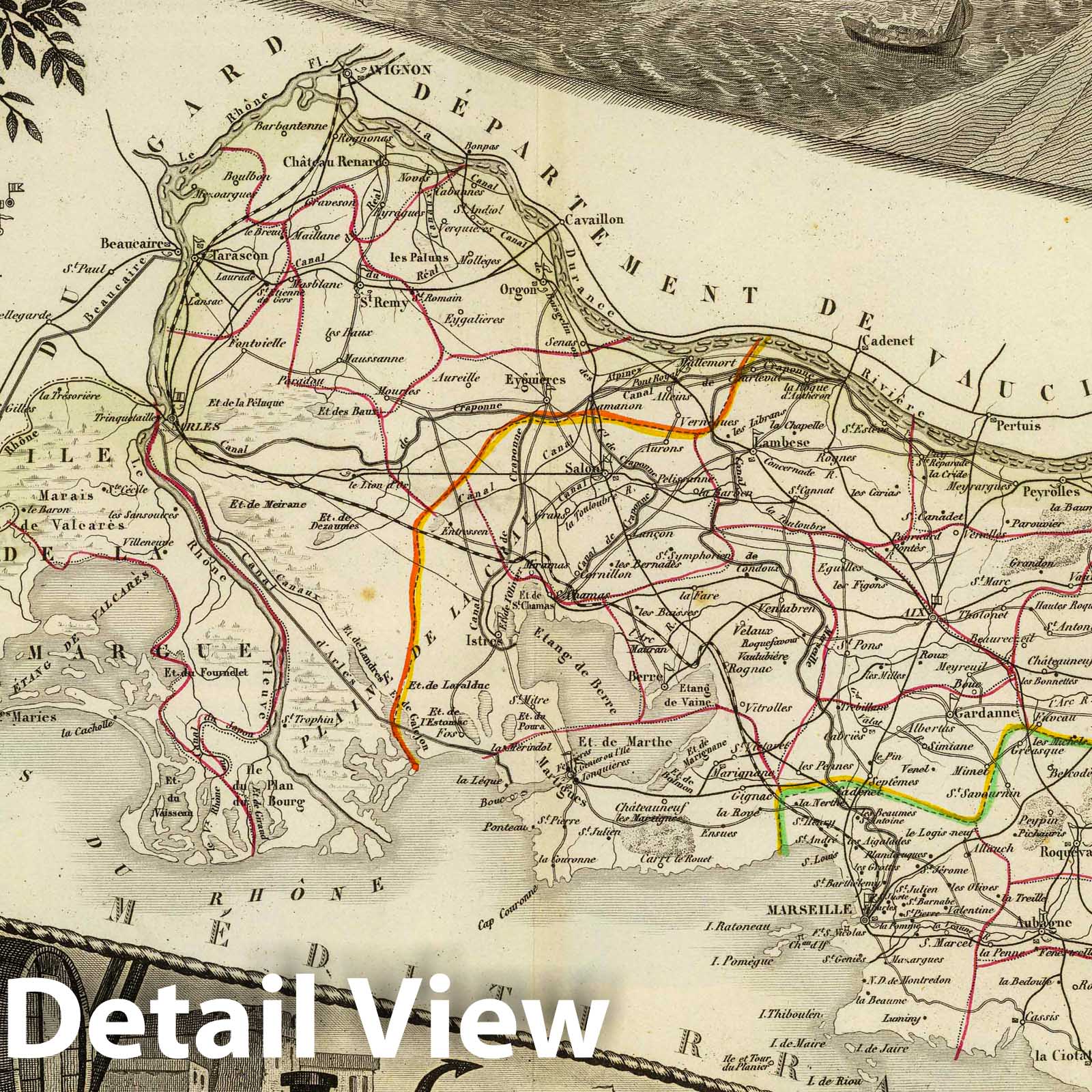 Bouches-du-Rhone, France - Road Map, 1856 - Historical Map Print