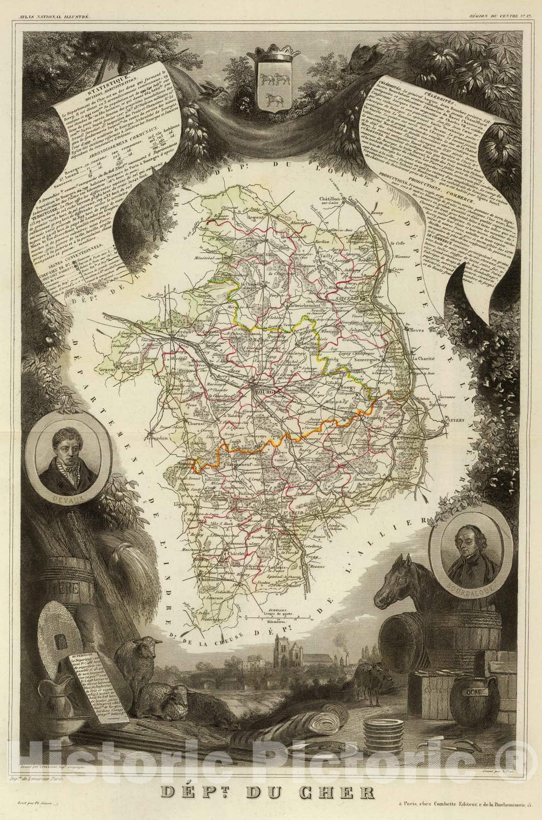 Historic Map : France, 1856 Dept. De Cher. , Vintage Wall Art
