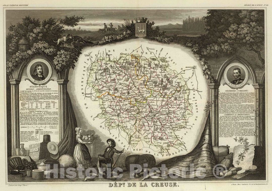 Historic Map : France, 1856 Dept. De La Creuse. , Vintage Wall Art