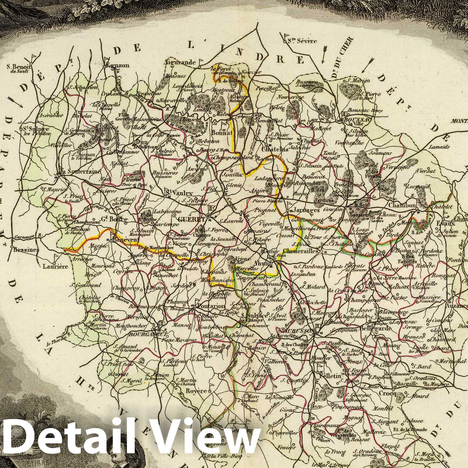 Creuse, France - Road Map, 1856 - Historical Map Print