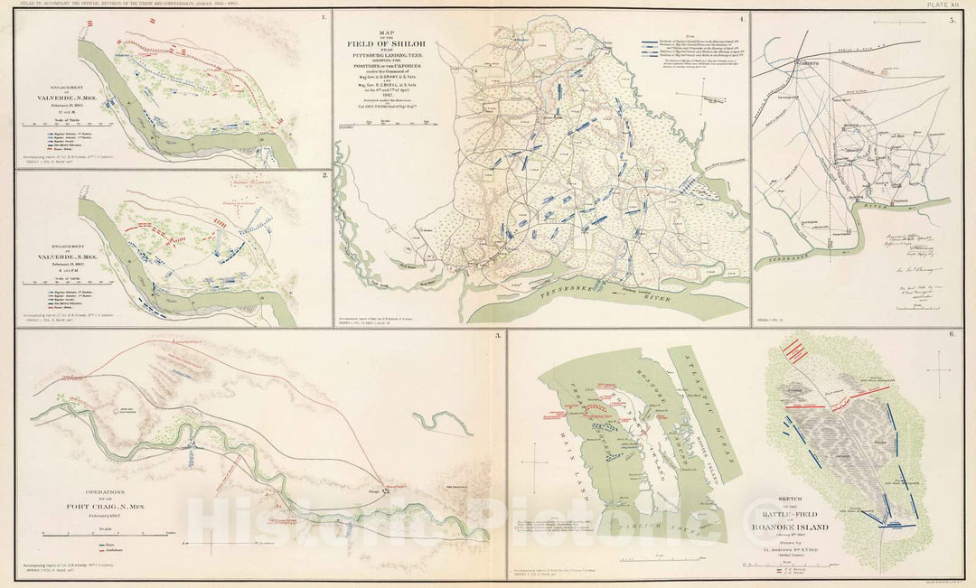 Historic Map : Military Atlas - 1895 Valverde, Shiloh, Ft. Craig, Roanoke Island. - Vintage Wall Art