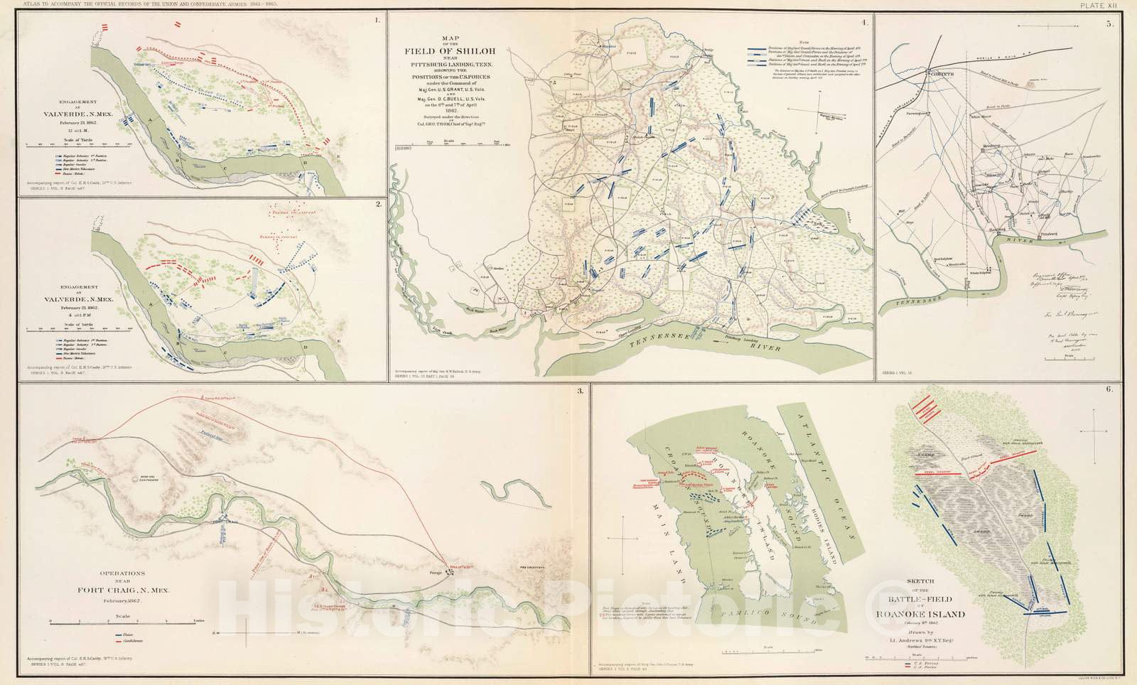 Historic Map : Military Atlas - 1895 Valverde, Shiloh, Ft. Craig, Roanoke Island. - Vintage Wall Art
