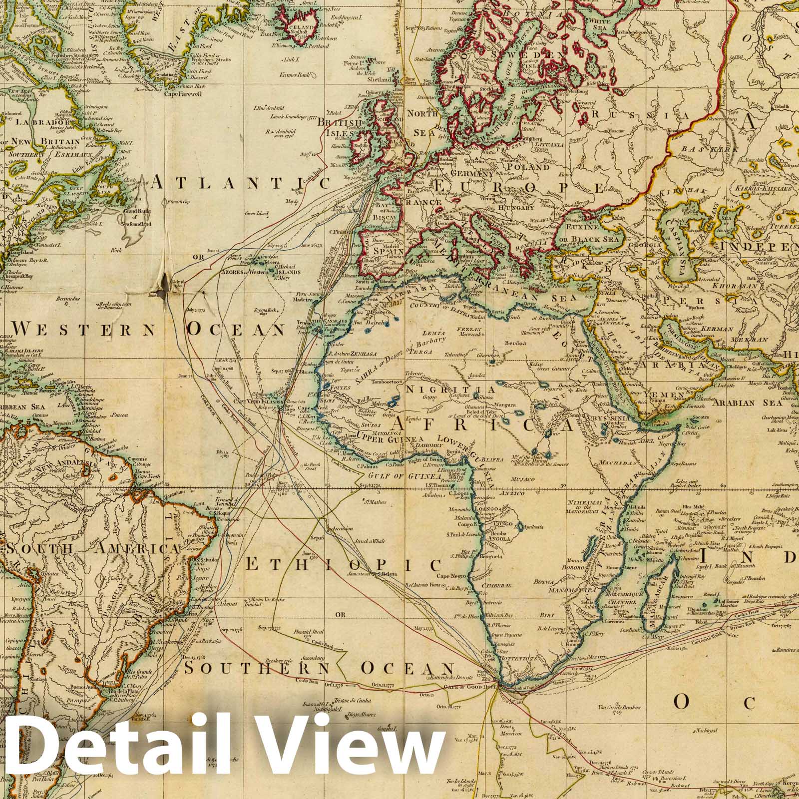 World with Circumnavigator Tracks - Nautical Chart, 1800 - Historical Map Print