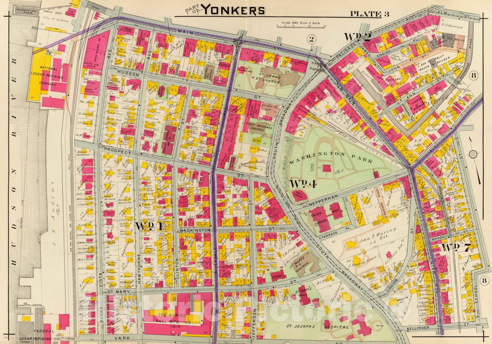 Historic Map : City Atlas - 1907 3. Yonkers. - Vintage Wall Art