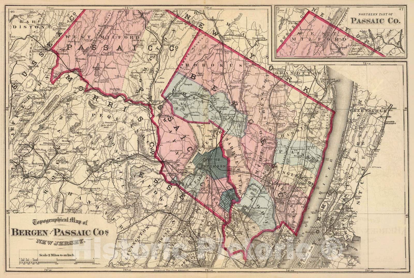 Historic Map : 1872 Bergen, Passaic Cos, N.J. - Vintage Wall Art
