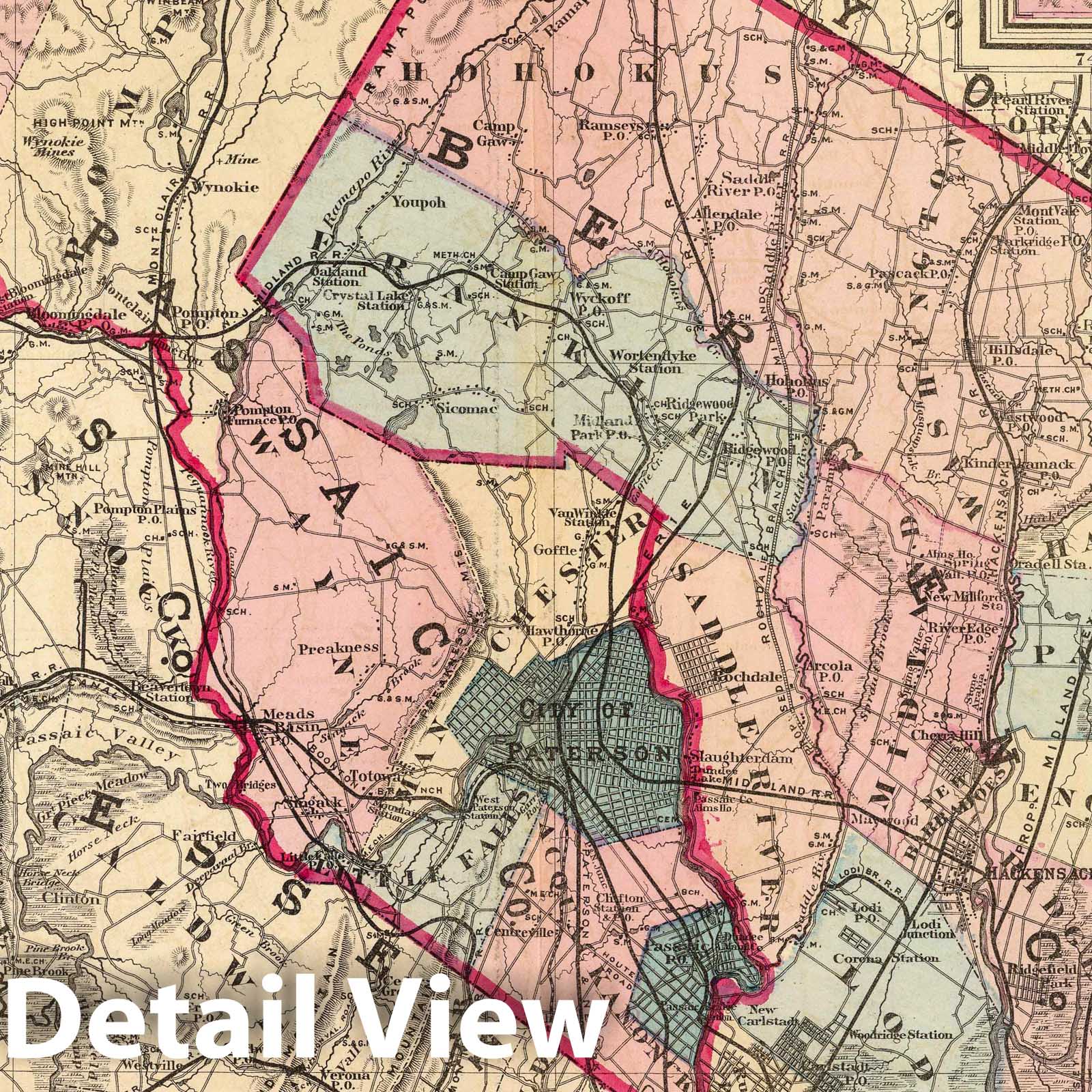 Bergen and Passaic Counties, New Jersey - Railroad Map, 1872