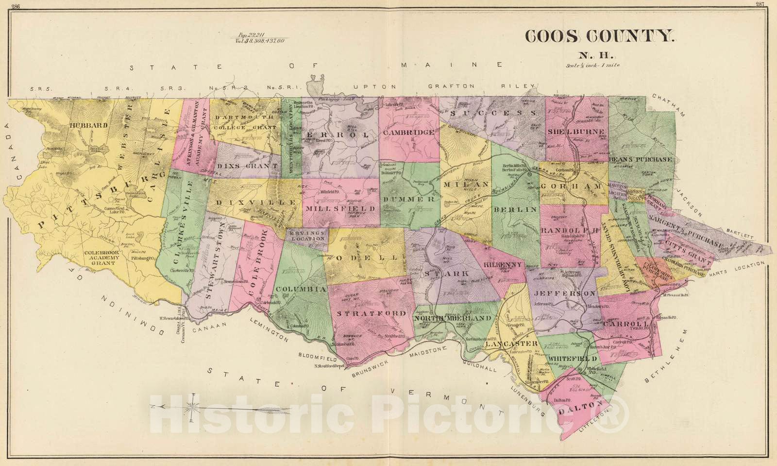 Historic Map : 1892 Coos County, N.H. - Vintage Wall Art