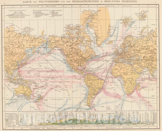 Historic Wall Map : 1881 Weltverkehrs, Meeresstromungen. - Vintage Wall Art