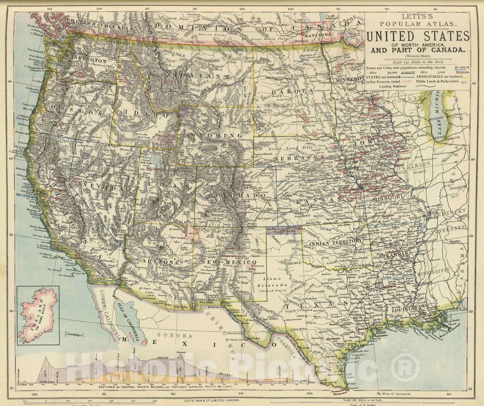 Historic Map : United States, U.S. West, 1883 U.S. Western. , Vintage Wall Art