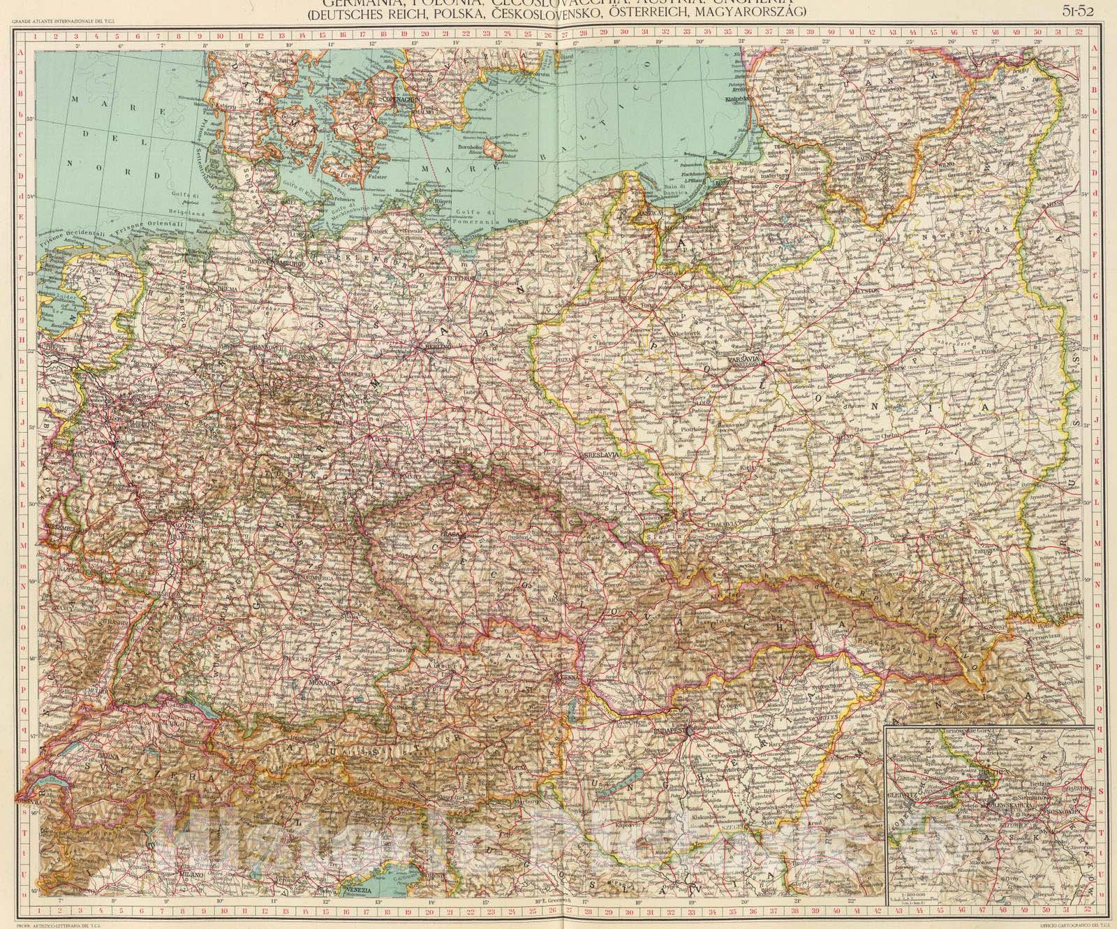 Historic Map : Germany; Poland, Europe, Central 1929 51-52. Germania, Polonia, Cecoslovacchia, Austria, Ungheria. , Vintage Wall Art