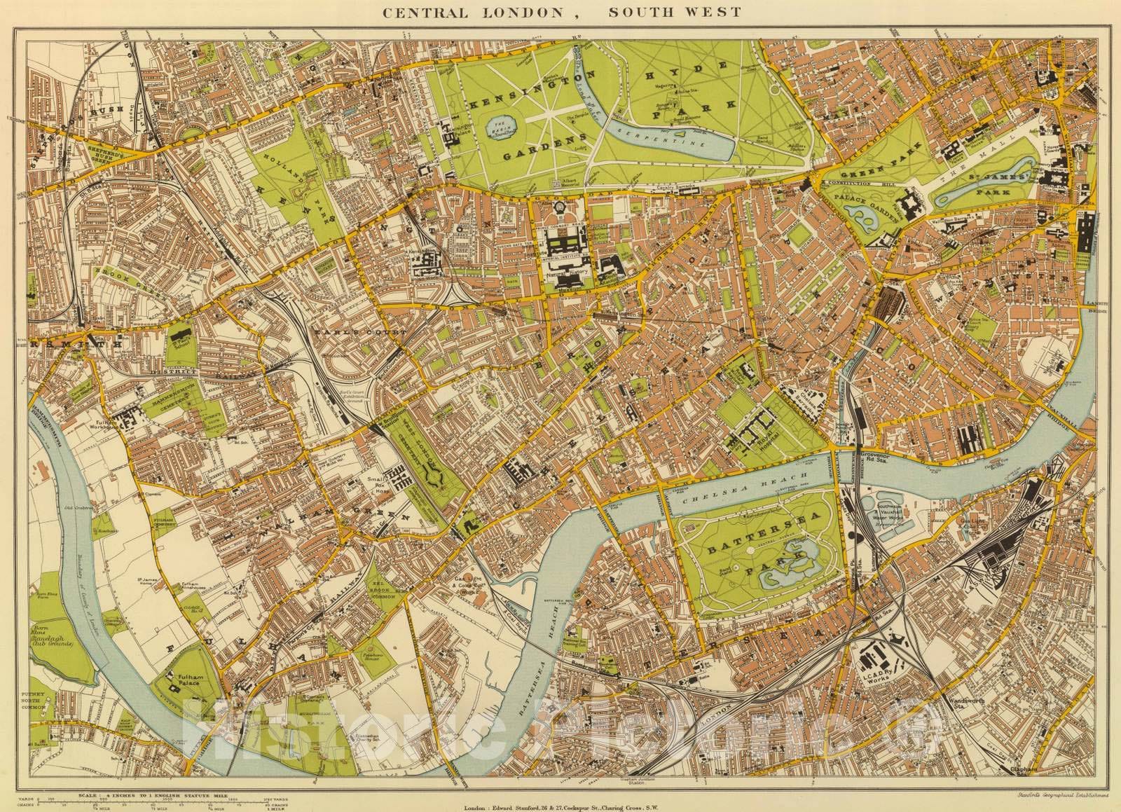 Central London, Southwest - Physical Map, 1901 - Historical Map Print