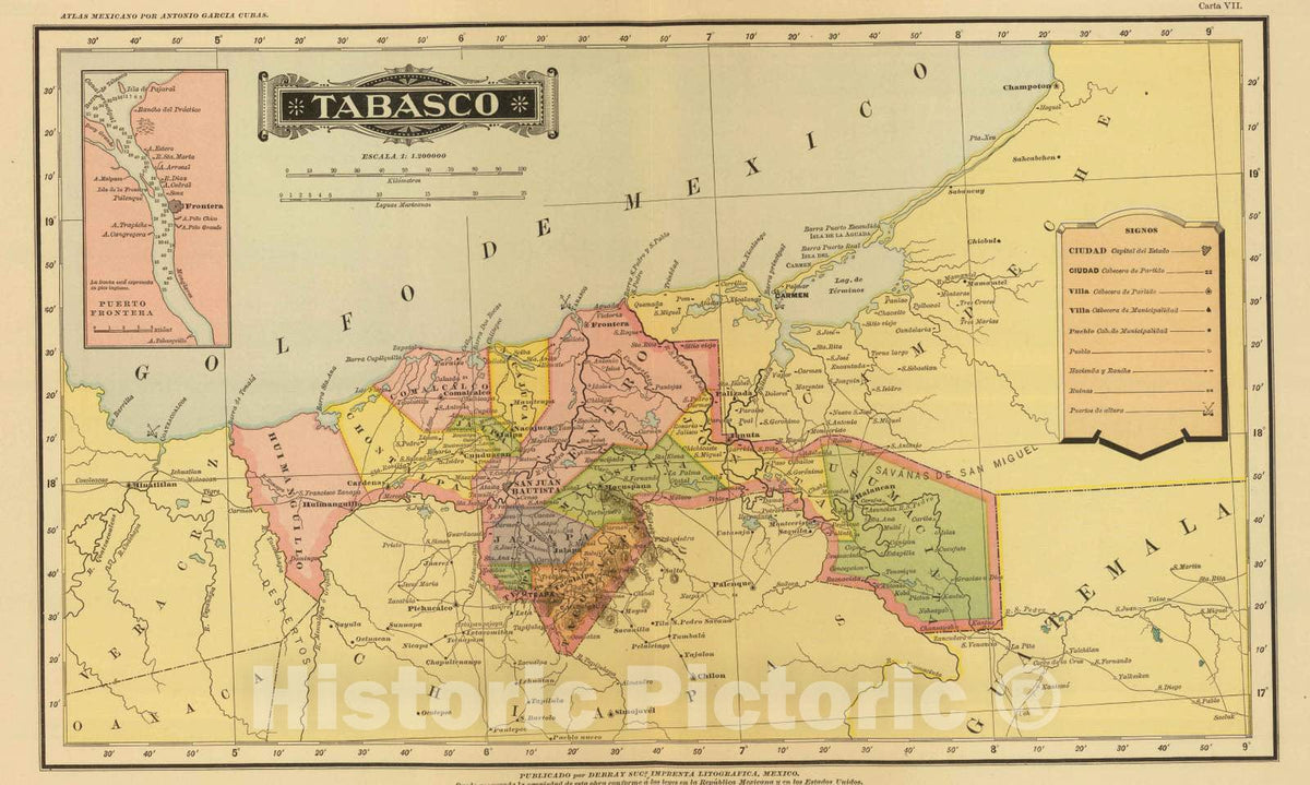 Historic Map : Mexico, 1886 Tabasco. , Vintage Wall Art