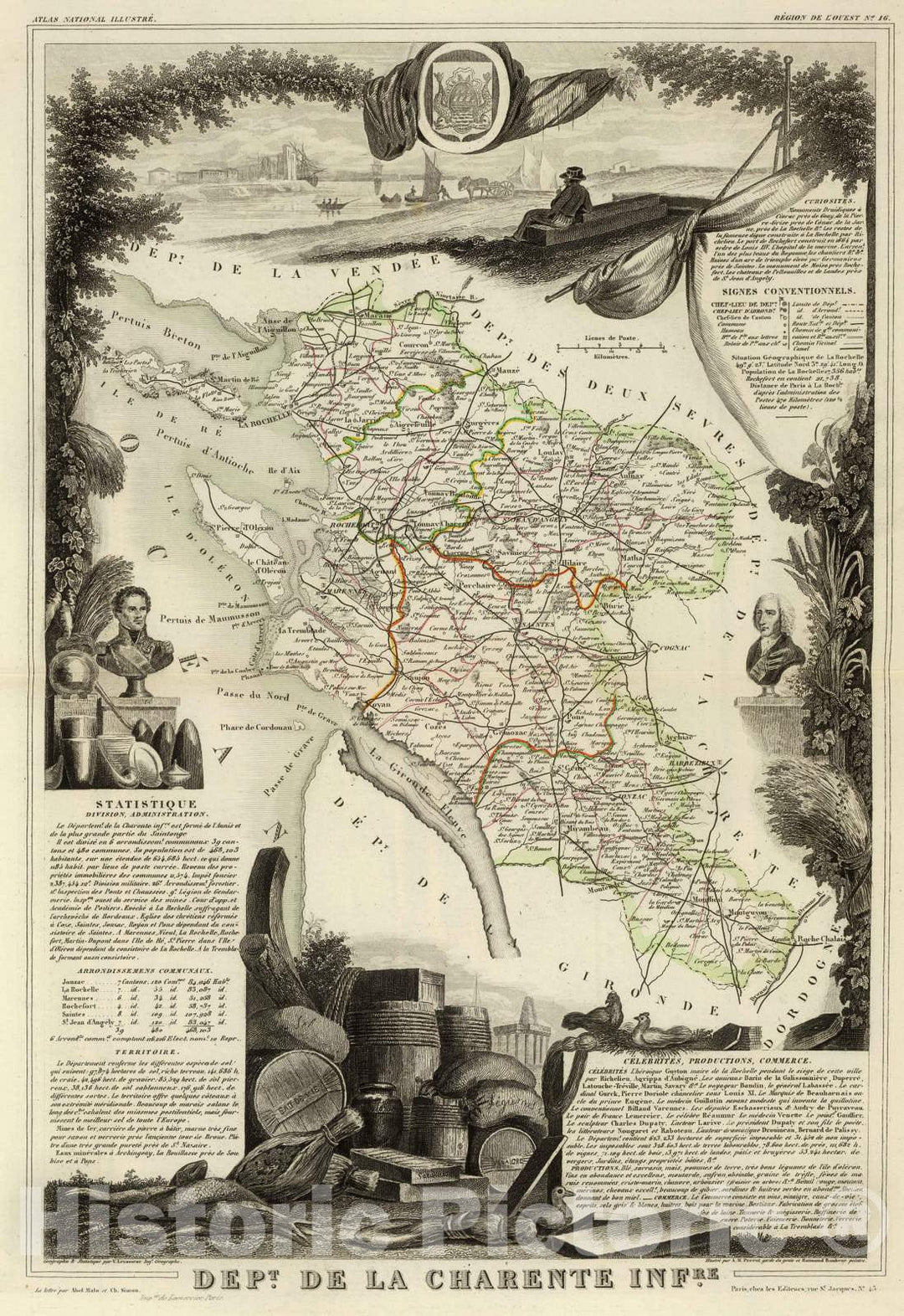 Historic Wall Map : France, 1856 Dept. De La Charente Infre. , Vintage Wall Art
