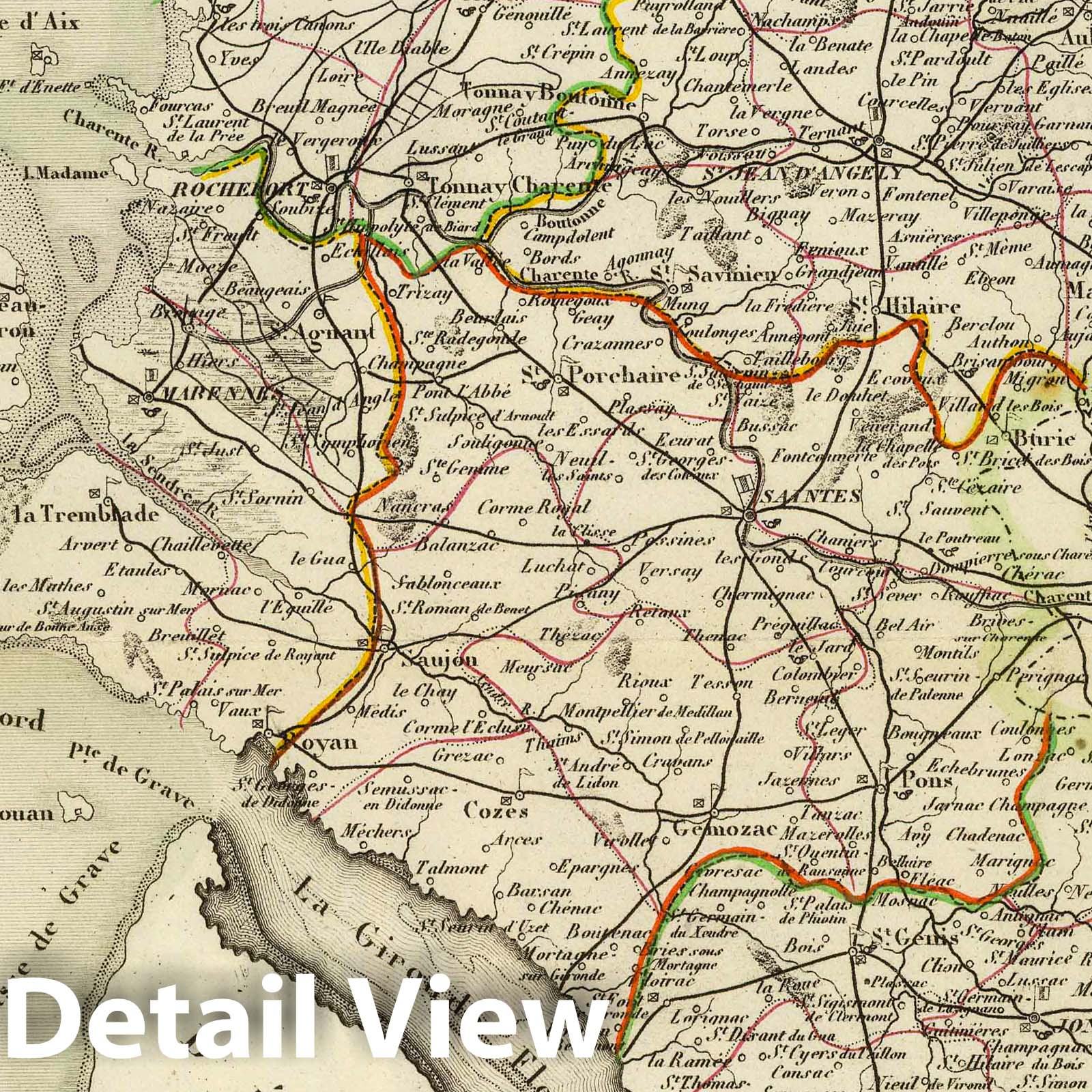 Charente-Inférieure, France - Road Map, 1856 - Historical Map Print
