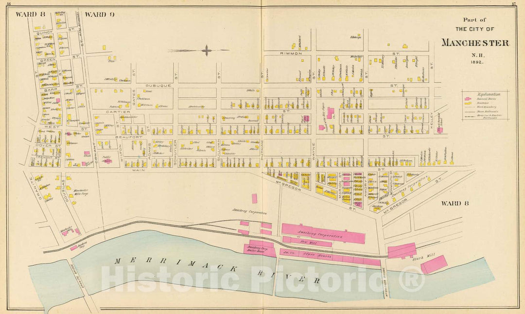 Historic Map : 1892 Manchester, N.H, Ward 8-9. - Vintage Wall Art