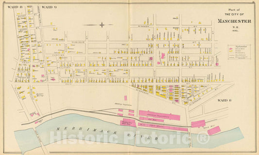 Historic Map : 1892 Manchester, N.H, Ward 8-9. - Vintage Wall Art