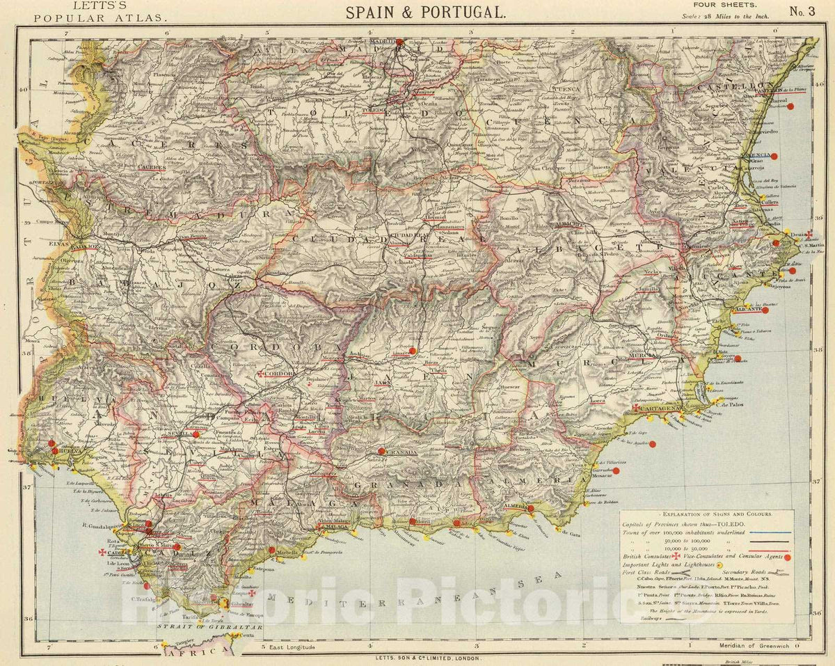 Historic Map : 1883 Spain, Portugal 3. - Vintage Wall Art