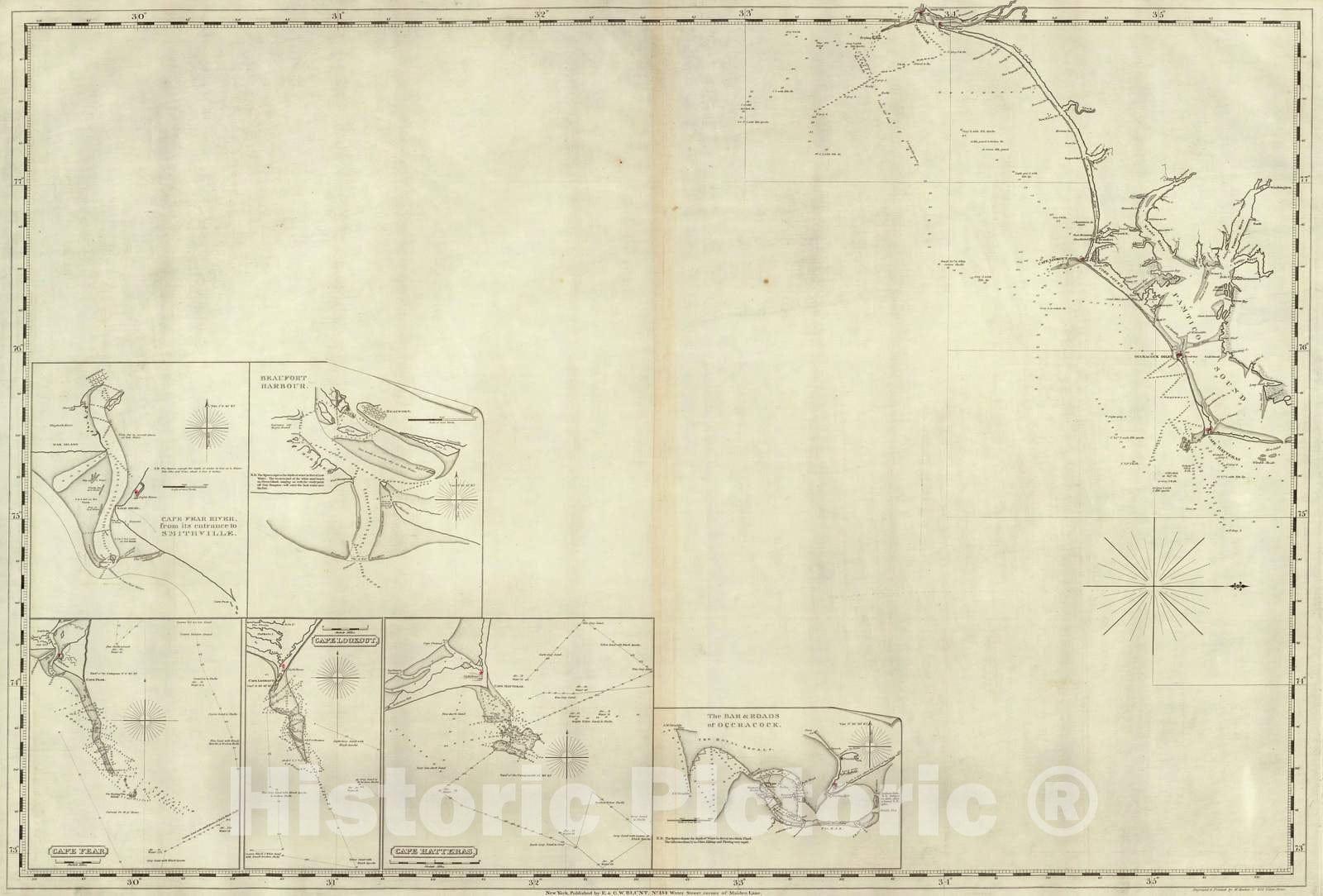 Historic Map : Chart Atlas - 1827 The Coast of The United States from New York to St. Augustine (3rd Sheet) - Vintage Wall Art