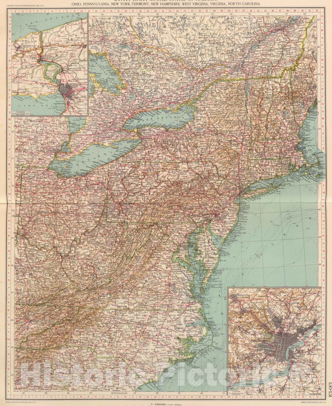 Historic Map : 1929 130-31. Ohio, Penn, N.Y, Vt, N.H, W.Va, Va, N.C. - Vintage Wall Art
