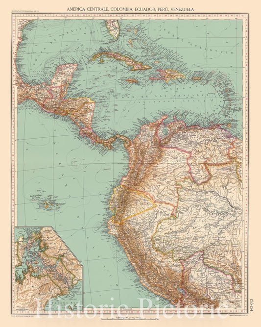 Historic Map : Colombia; Peru, , Central America; South America 1929 153-54. America Centrale, Colombia, Ecuador, Peru, Venezuela. , Vintage Wall Art