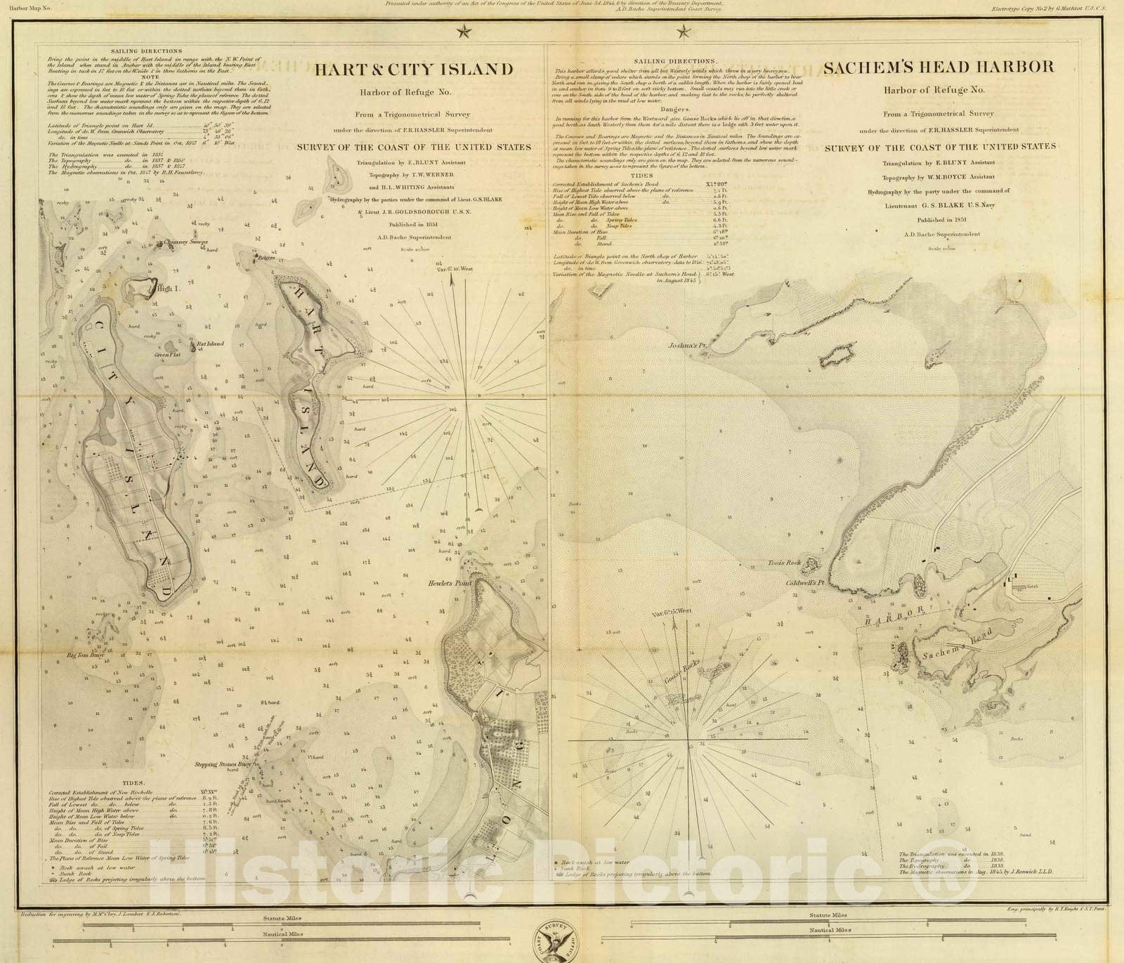 Historic Map : Chart Atlas - 1851 Hart & City Island, Sachem's Head Harbor. - Vintage Wall Art